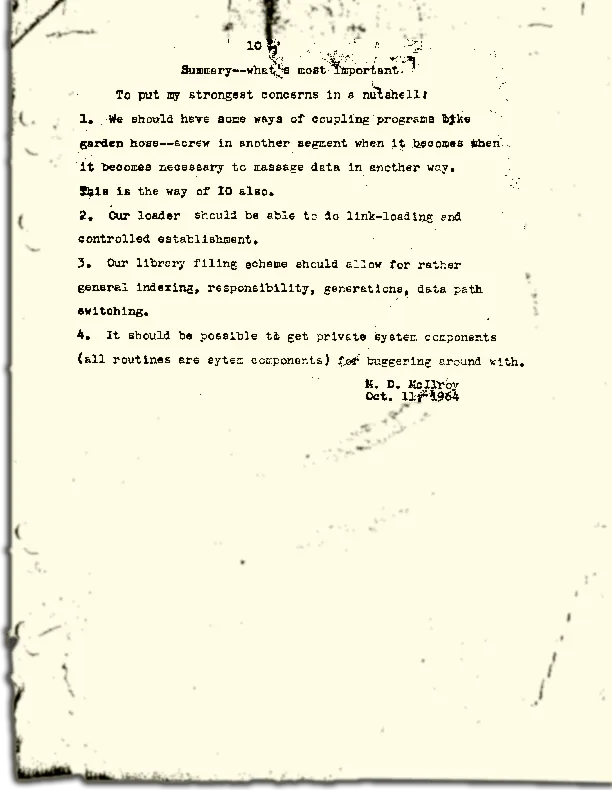 Scan of page 10 of Doug McIlroy’s October 11, 1964 memo, proposing coupling programs like garden hose