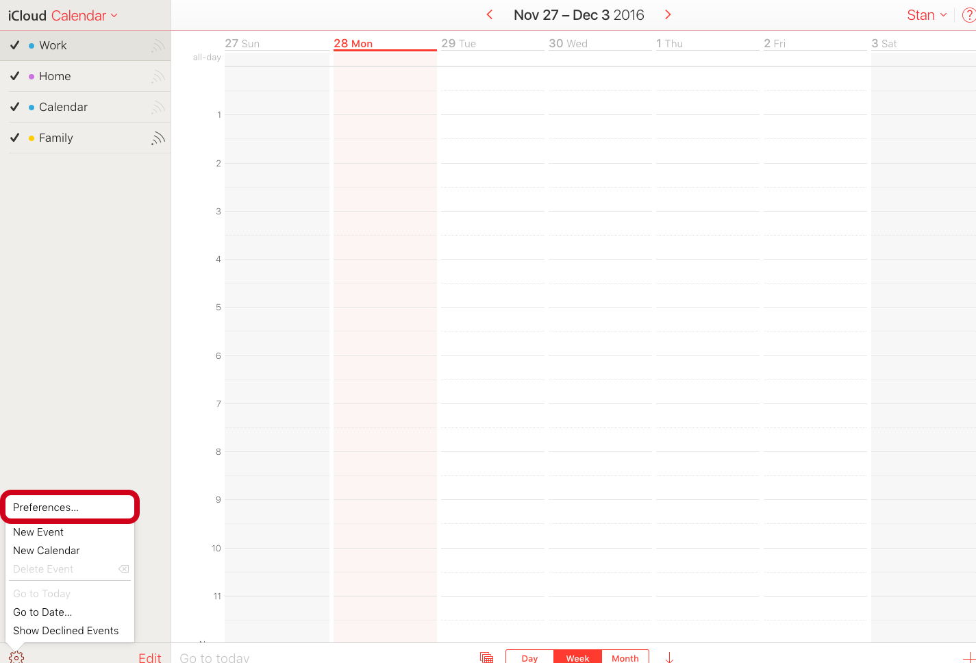 iCloud.com’s Calendar app with its Settings selected