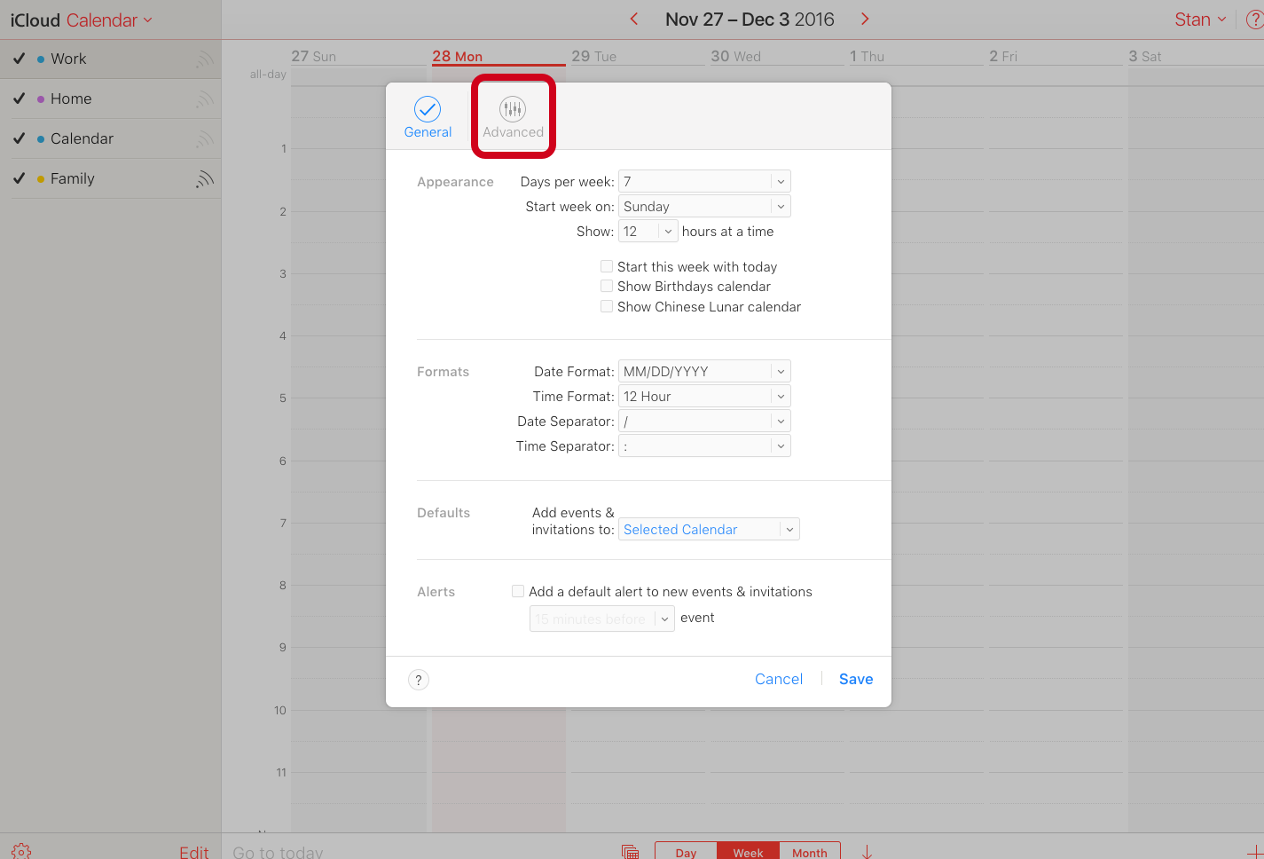 Generab tab of the Preference modal view of iCloud.com’s Calendar app
