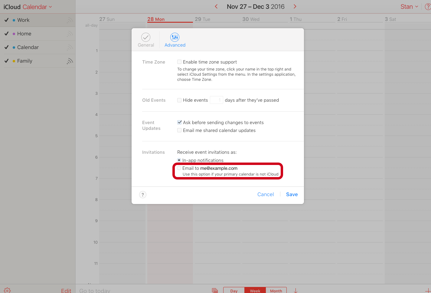 Advanced tab of the Preference modal view of iCloud.com’s Calendar app